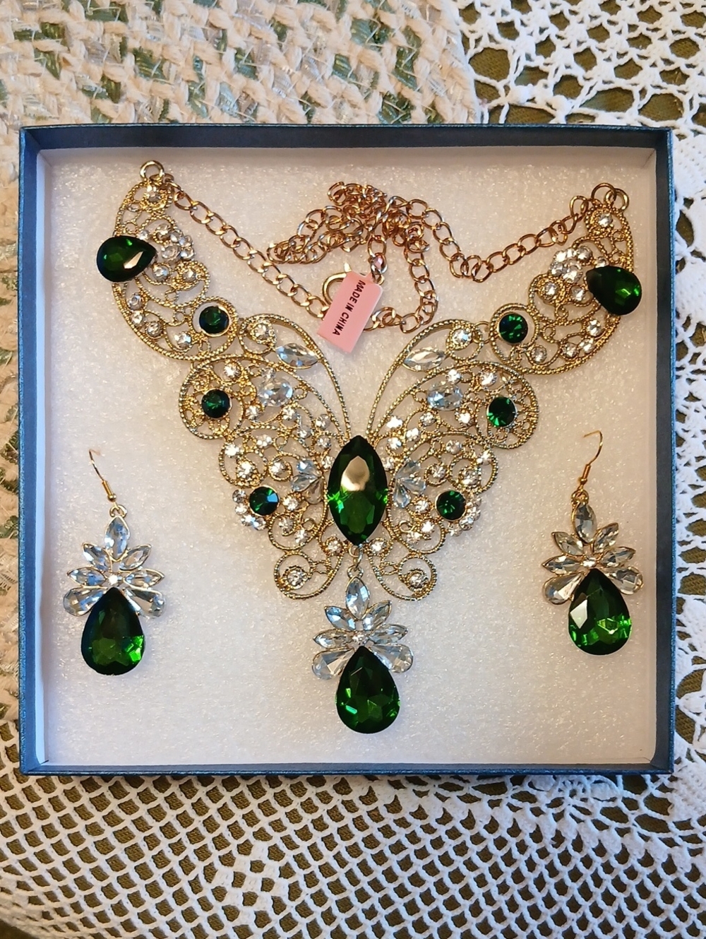 QVC Gold-Tone Filigree Necklace and Earring Set with Emerald Green Stones